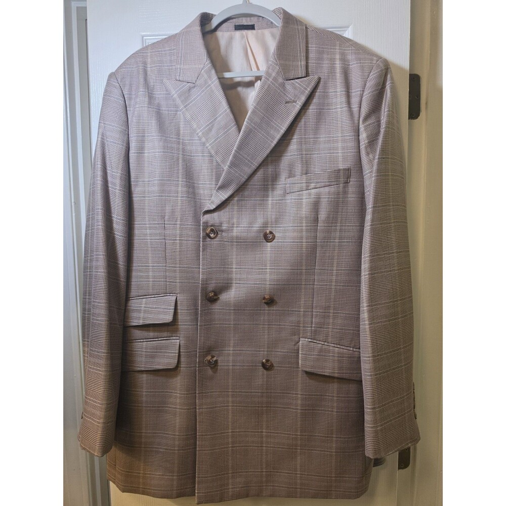 Stacy Adams Double Breasted Sport Coat Mens 44R Tan Plaid Peak Lapel Blazer